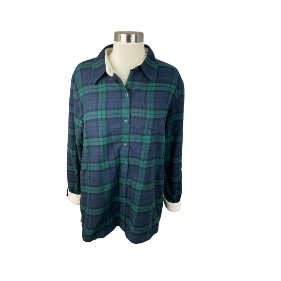 L.L. Bean M Navy Green Plaid Flannel Fleece Lined Button Front Shirt - Picture 1 of 4